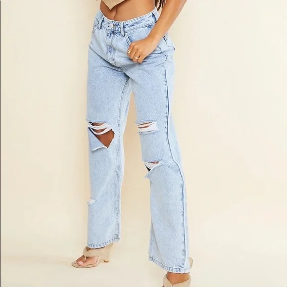 Acid Wash Blue Knee Rip Baggy Boyfriend Jeans PLT Light Blue Acid